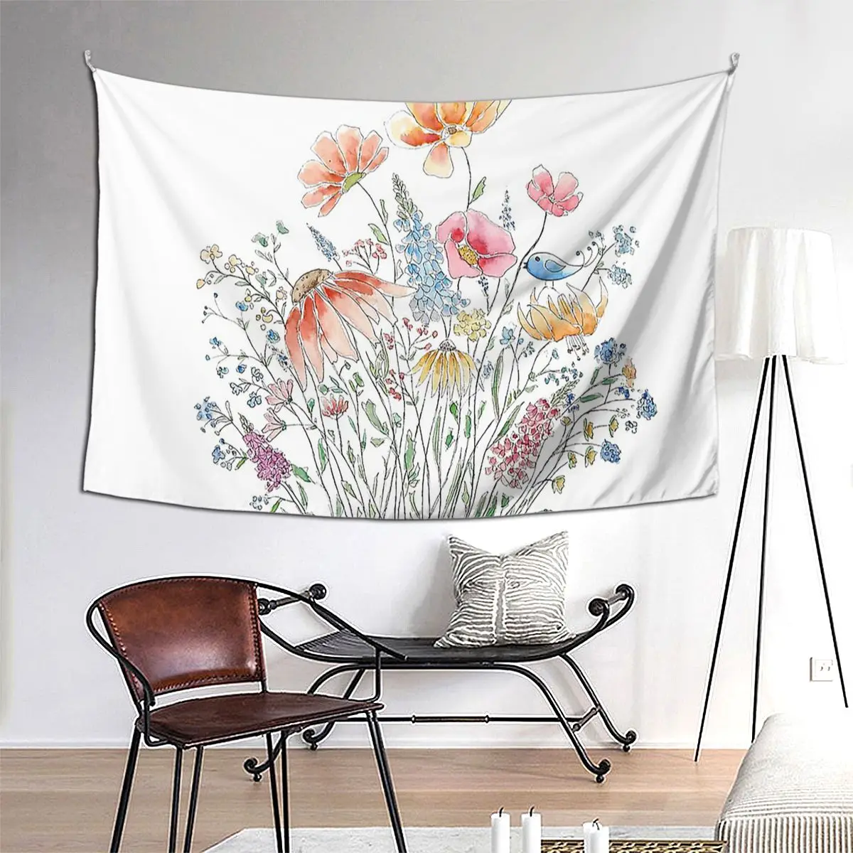

Wild Flower Bouquet And Blue Bird Line And Watercolor Tapestry Wall Hanging Home Decor Tapestries for Living Room Bedroom Dorm