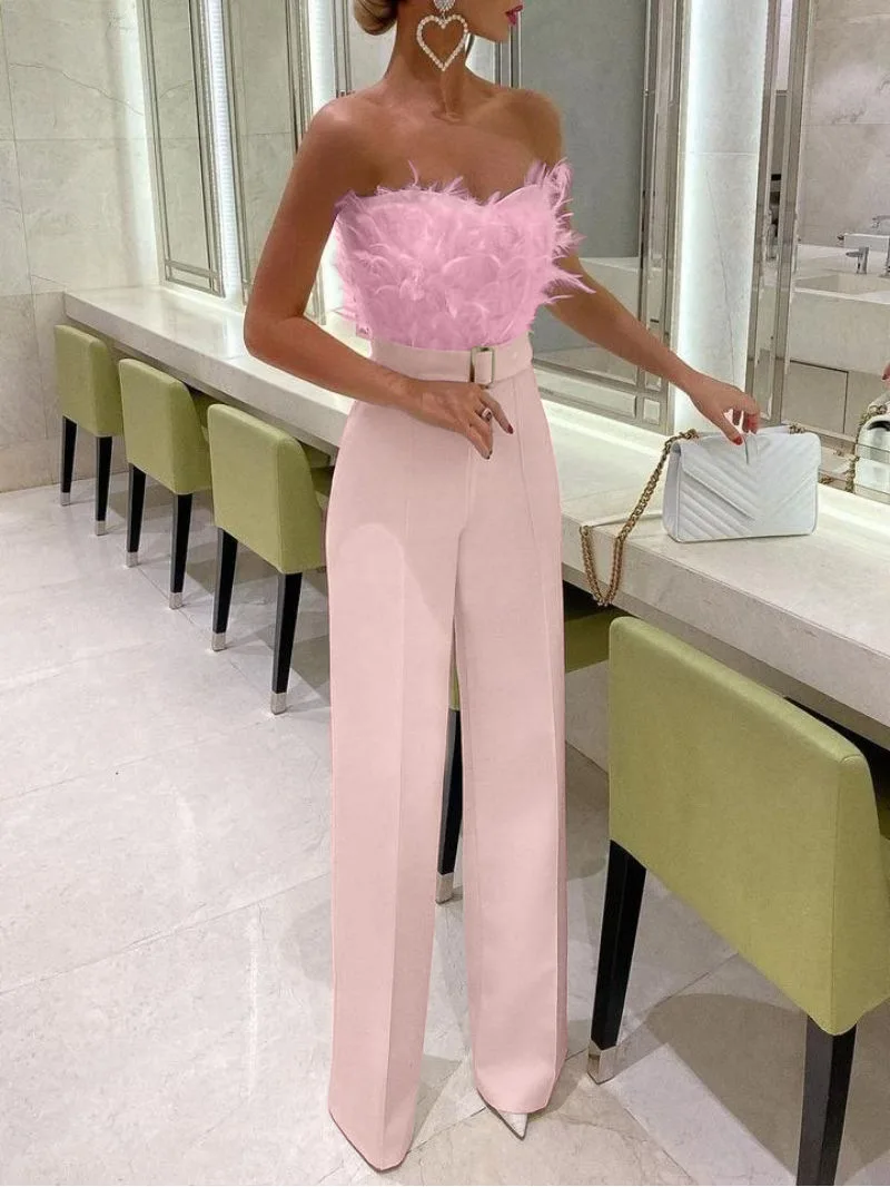 

Sexy Women Elegant Overall Jumpsuit Feather Patchwork Tube Top Belted Playsuit Party Night Evening Jumpsuit
