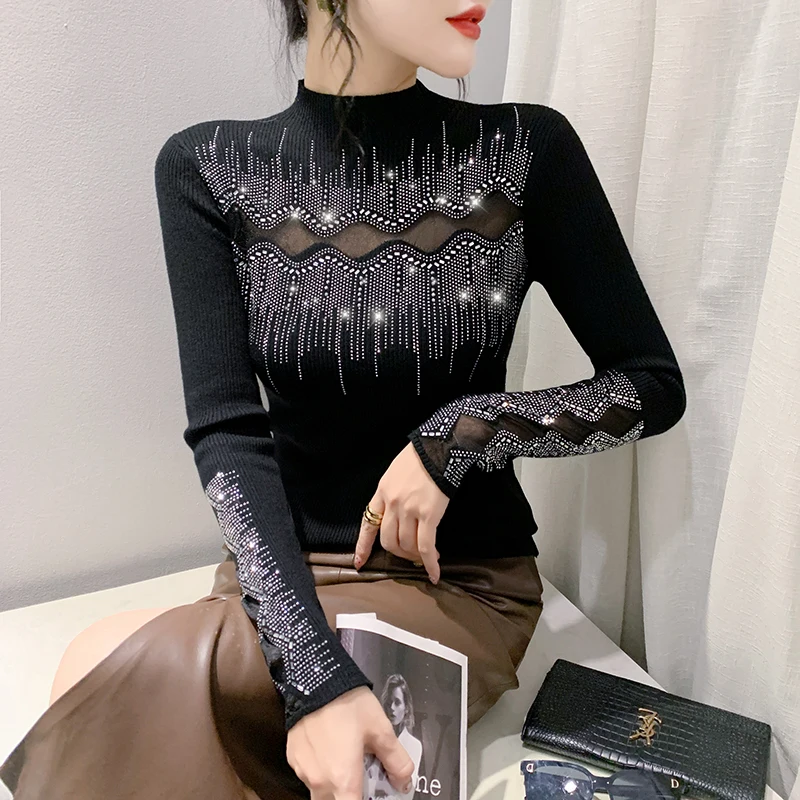

Новинка 2023, осенне-зимняя одежда в Корейском стиле, вязаный свитер, шикарные пикантные женские сетчатые топы с длинными рукавами и стразами в стиле пэчворк, 39327