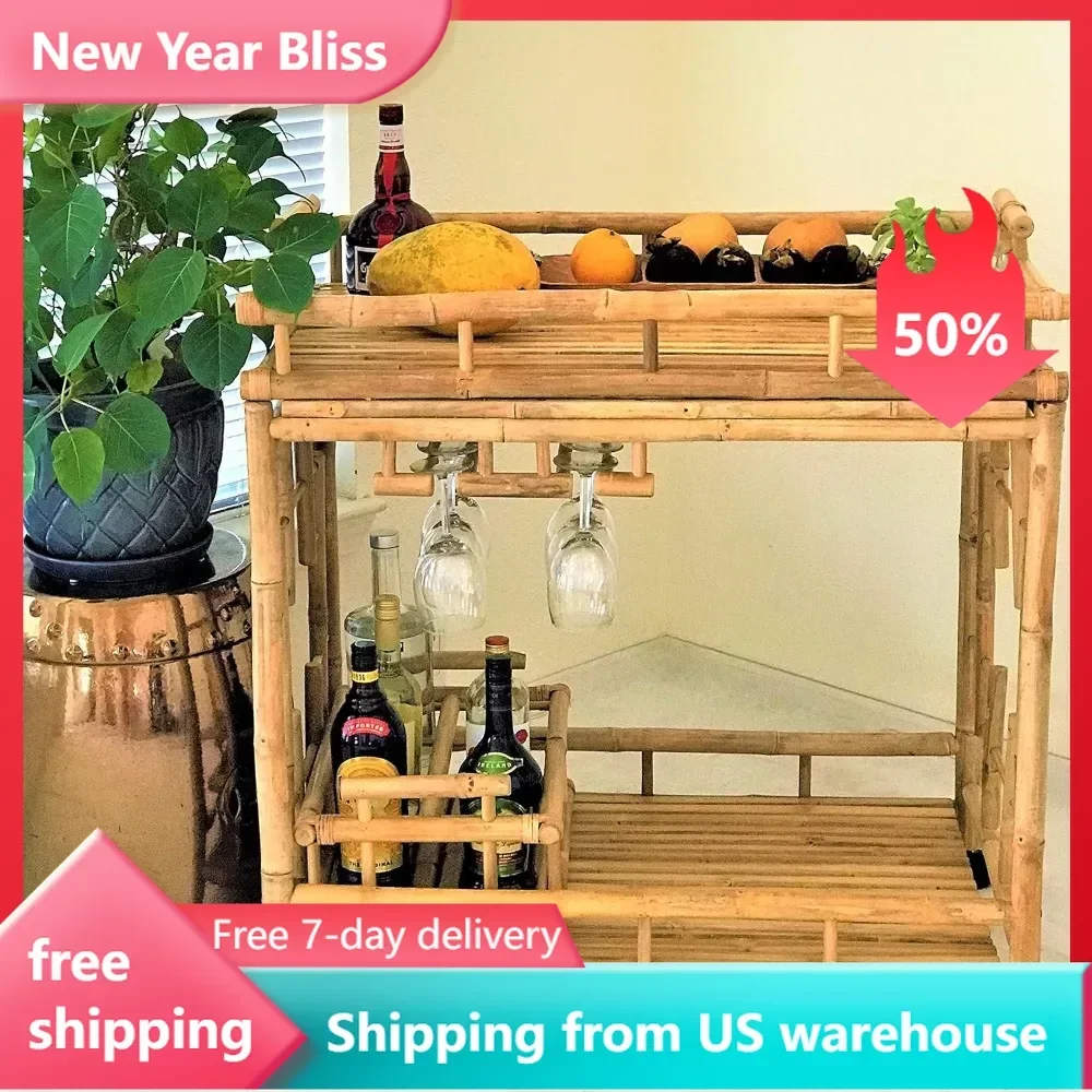 

Natural Wheeled Serving Cart Wine Rack Rolling Island Trolley Catering Buffet Utility Kitchen Bottle Holder Bamboo 2-Tier Hand