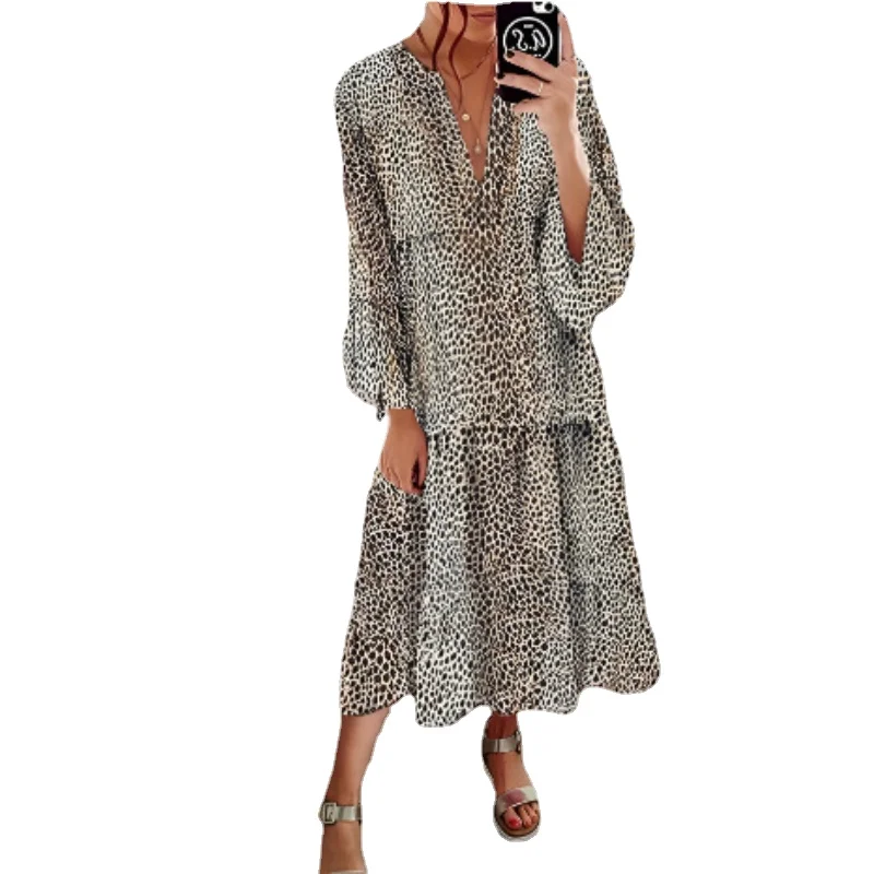 

Spring/Summer 2023 Women's Leopard Print V-Neck Long Sleeve Loose Dress Long Dress Women Loose Waist Fit Vestido Elegante