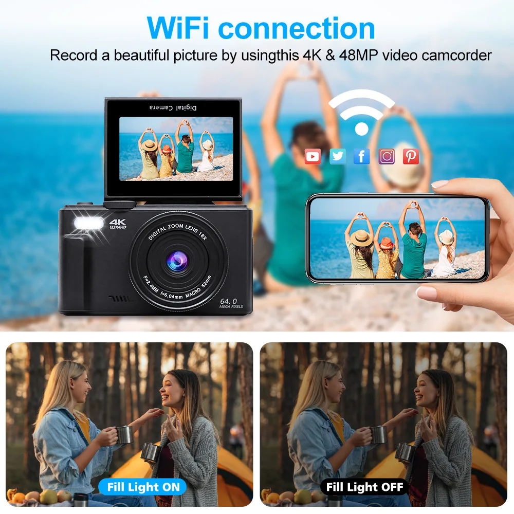 Digital Camera 4K Digital Camera 64MP 3.0 Inch Rotatable Screen 18X Digital Zoom WiFi Vlog Camcorder Retro Video Recorder YouTub Webcam