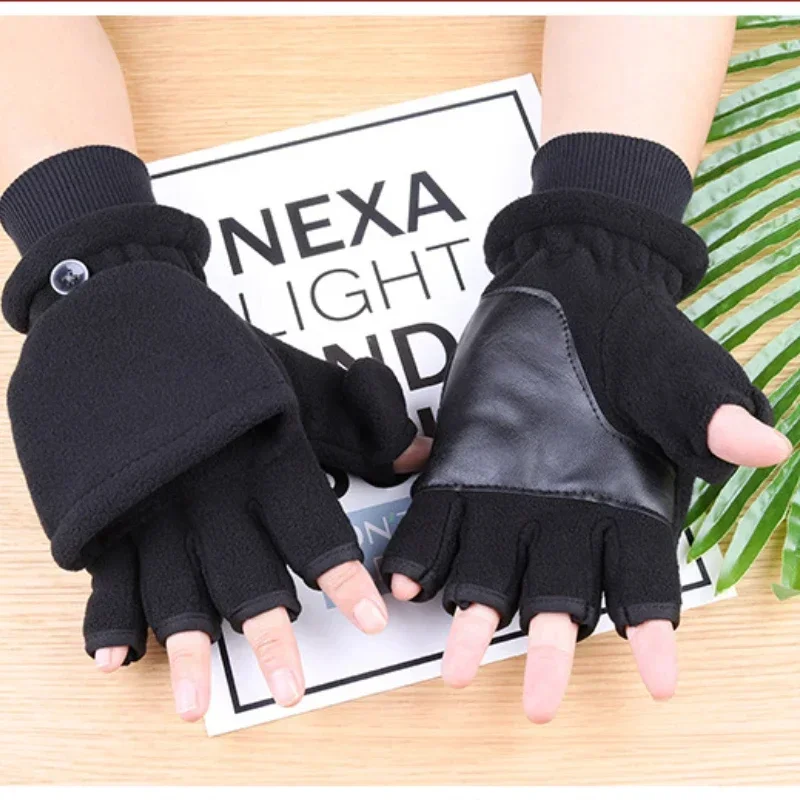 Winter warm Gloves Fingerless Convertible Thermal Mittens Gloves Windproof Polar Fleece Warm men women double-layer Flap Gloves 6