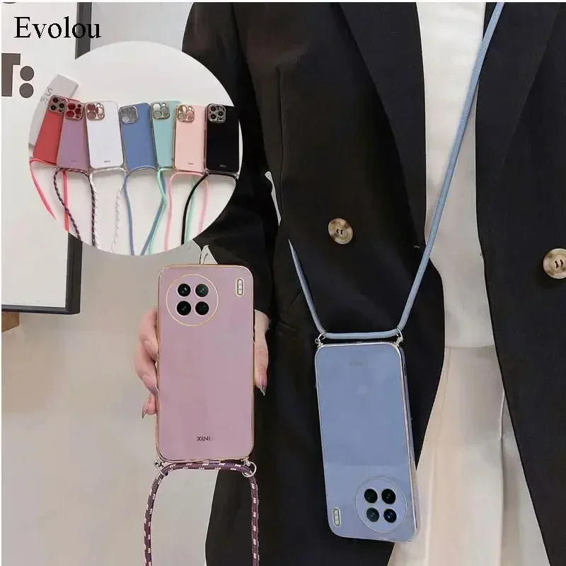 Crossbody Lanyard Plating Case with Soft TPU Lens Protection - Shockproof Cover
