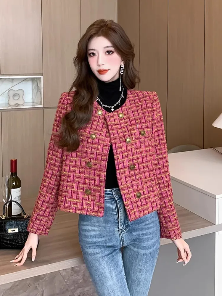 Women's Fashion Artistic Elegant Suit Collar Mid-length Thin Plaid Woolen Trench Coat