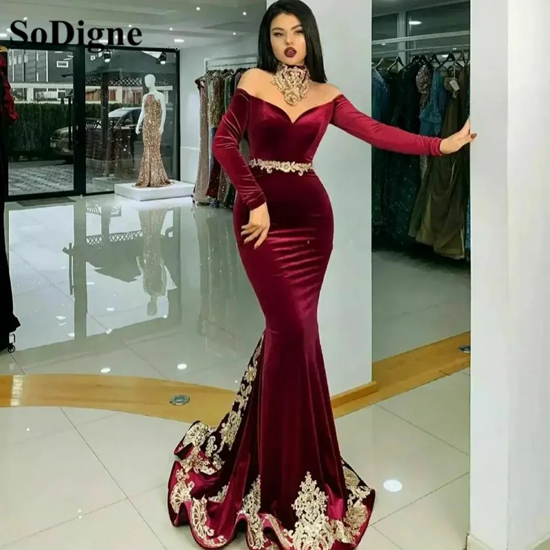 

SoDigne Burgundy Velvet Mermaid Prom Dresses Gold Lace High Neck Applique Long Sleeves Long Dubai Women Prom Gowns