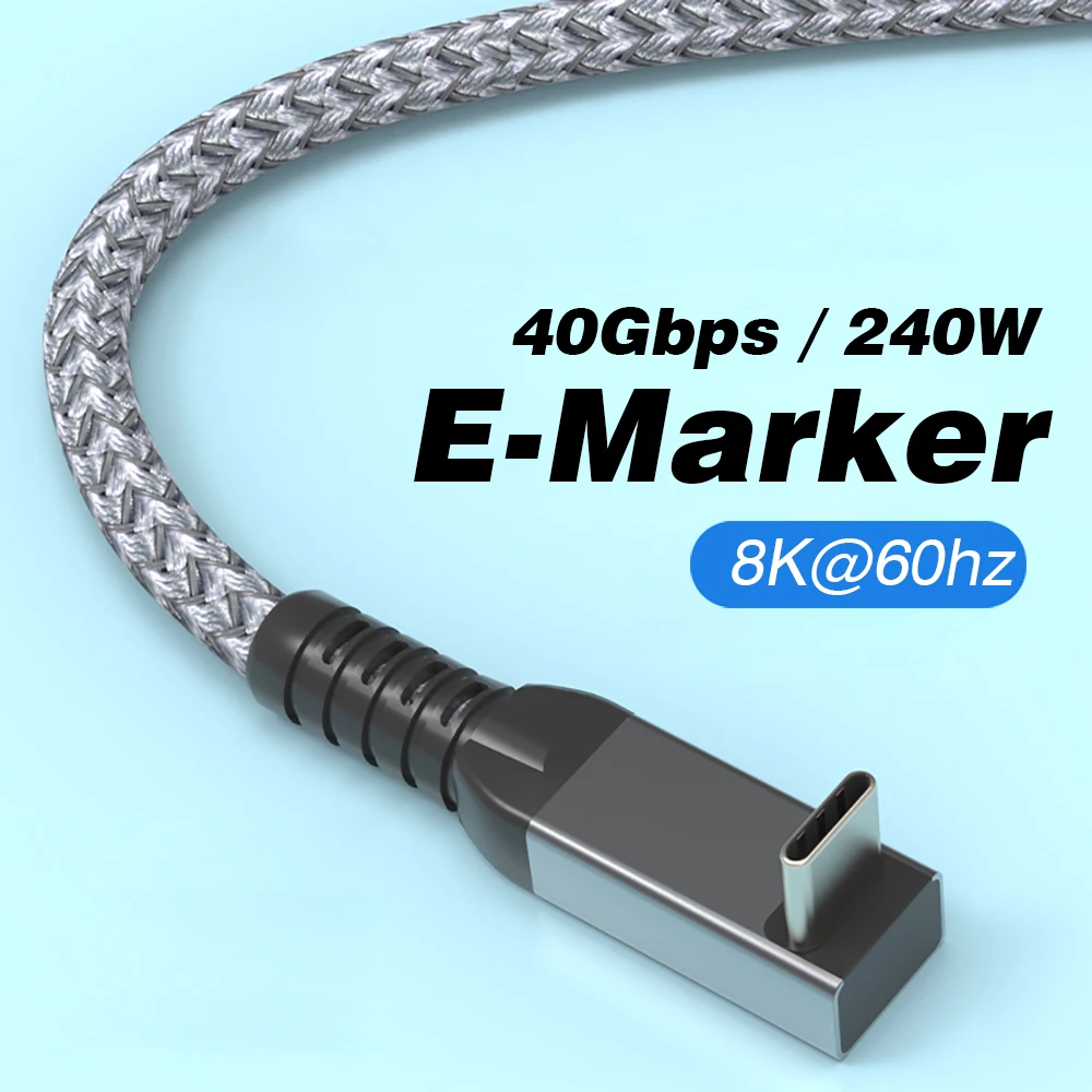 Thunderbolt USB 4 90도 각도 케이블 40Gbps USB4 팔꿈치 유형 C Thunderbolt3 4 데이터 전송 케이블 USB C PD240W 고속 충전