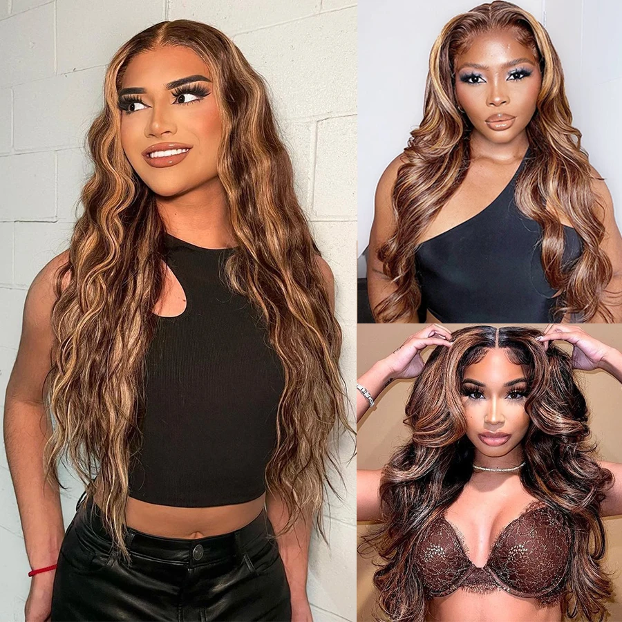 Ombre 4/27 Highlight Body Wave 13x4 Lace Front Human Hair Wigs Brazilian 250 Density 13X6 Colored Lace Frontal Wig