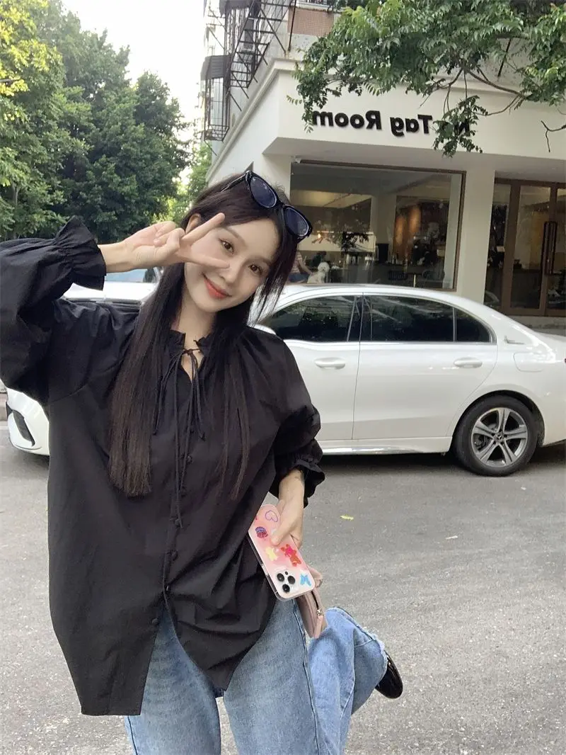 Korea Elegant Women Tops Elegant Drawstring Shirts Outwear Solid Fashion Bow Lace Up Camisa Feminina 2024 Spring New