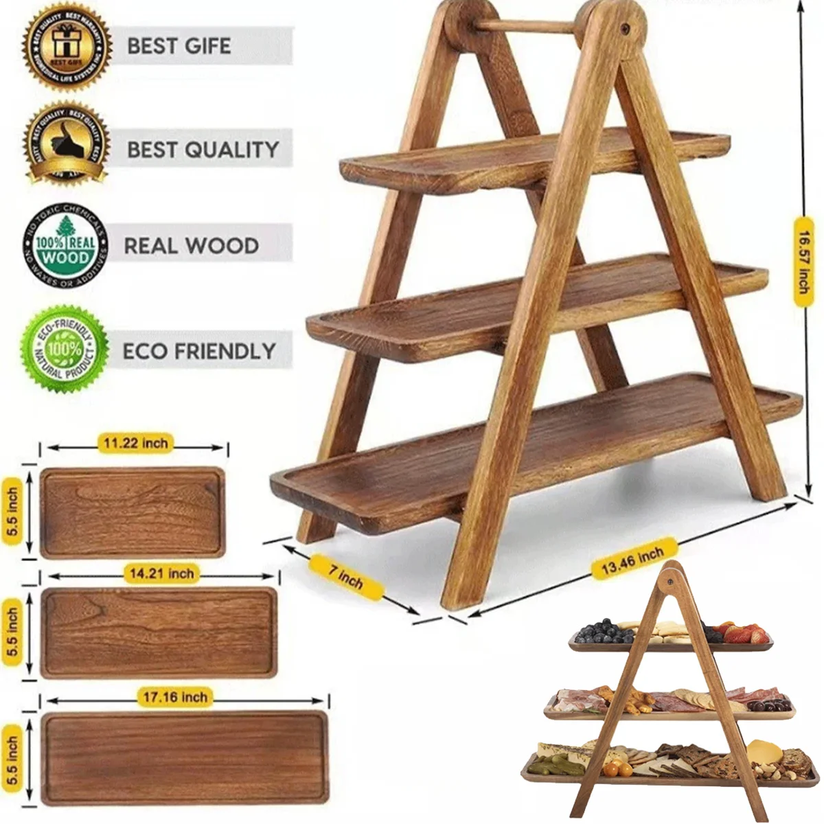

NEW Three-layer Wooden Afternoon Tea Fruit Plate Storage Rack Tray Decor Cake Dessert Farmhouse Tiered Beautiful Shape Plate