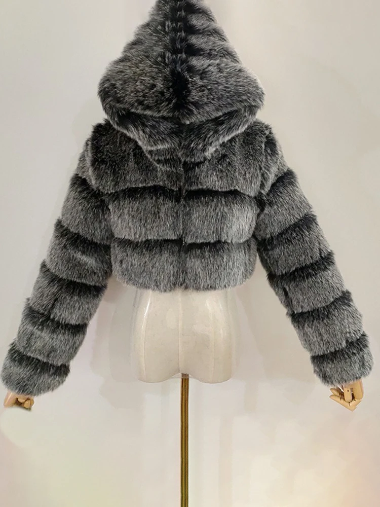 ムートン・ファーコート MOLLIOLLI Frel Hooded Fake Fur Crop Jacket Gray Faux Fur Cropped Coat Jacket for Women Winter Warm Crop