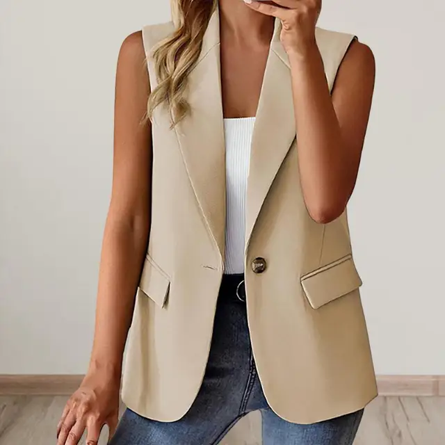 Women Summer Waistcoat Sleeveless Business Vest Coat Solid Color Lapel Pockets Single Button Straight Formal Style Commute Coat 2