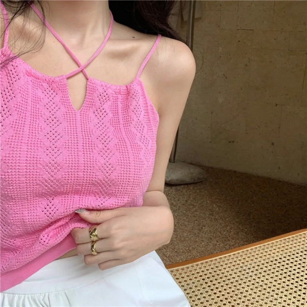 Women Summer Sweet Cross Hollow Out Tank Tops Sexy Off Shoulder Solid Crop Top Backless Worn Outside Inner Layer Tube Top