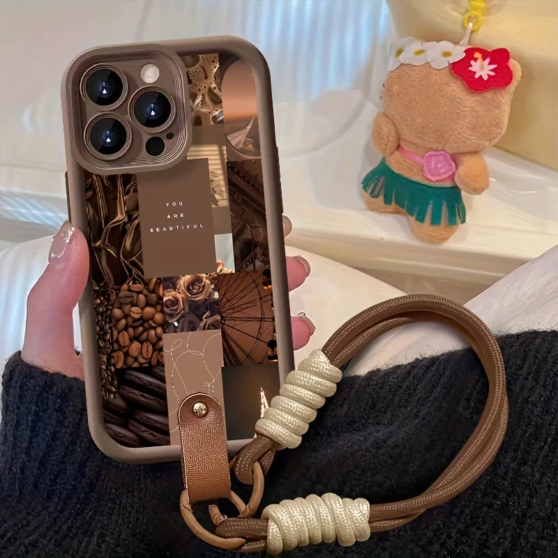 Brown Coffee Flowers Print Lanyard Strap Rope Phone Case - Soft Cover