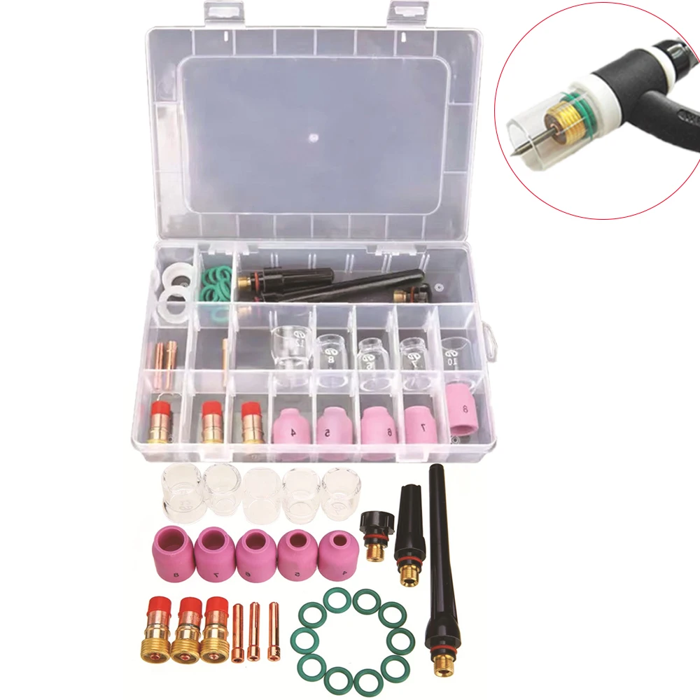 31PCS/Box TIG Welding Torch Gun Accessories Stubby Gas Lens #12 Pyrex Glass Cup Collet Nozzles Set For WP17 WP18 WP26 |