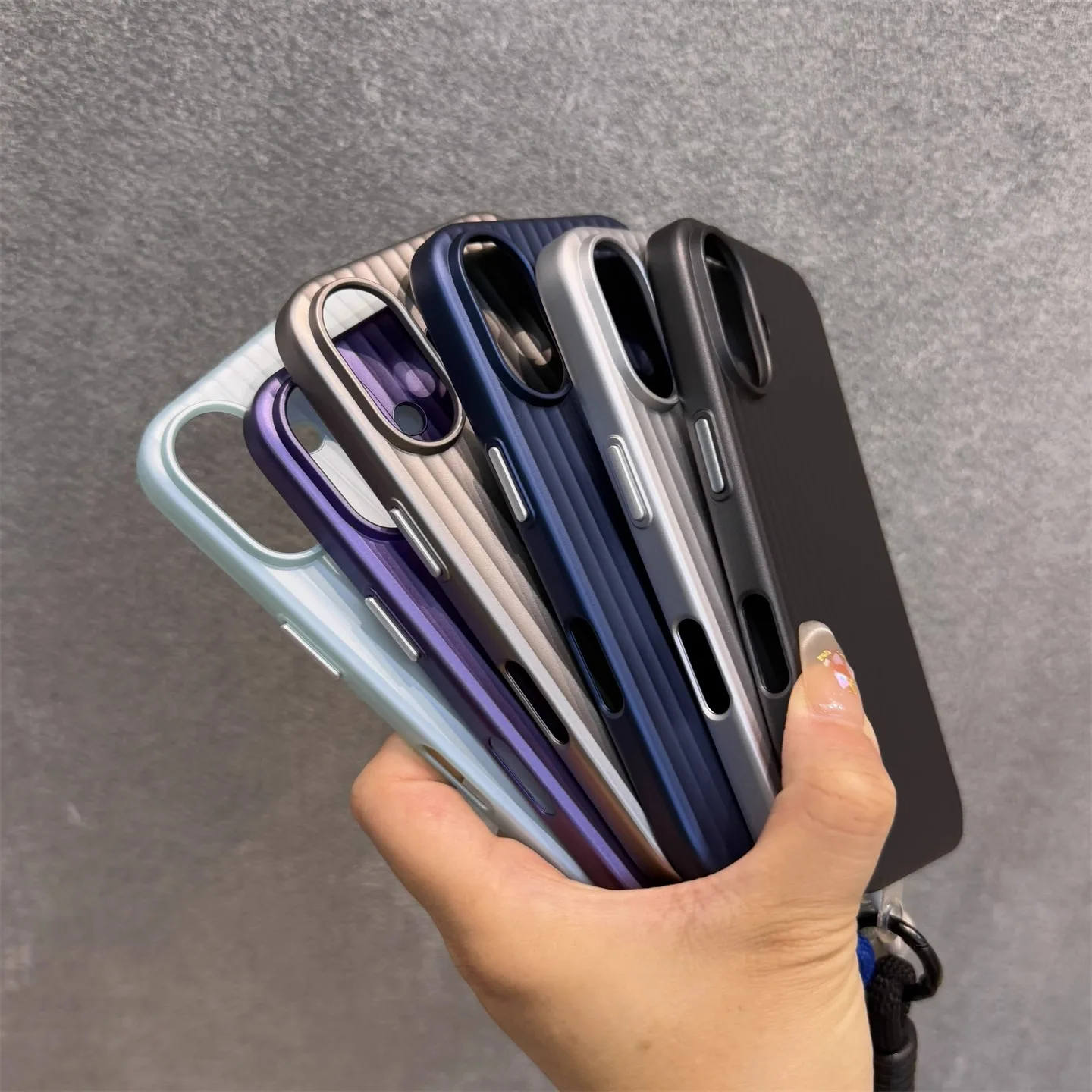 Luxury Titanium Gray Lanyard Phone Case with Metal Buttons and Grating Design