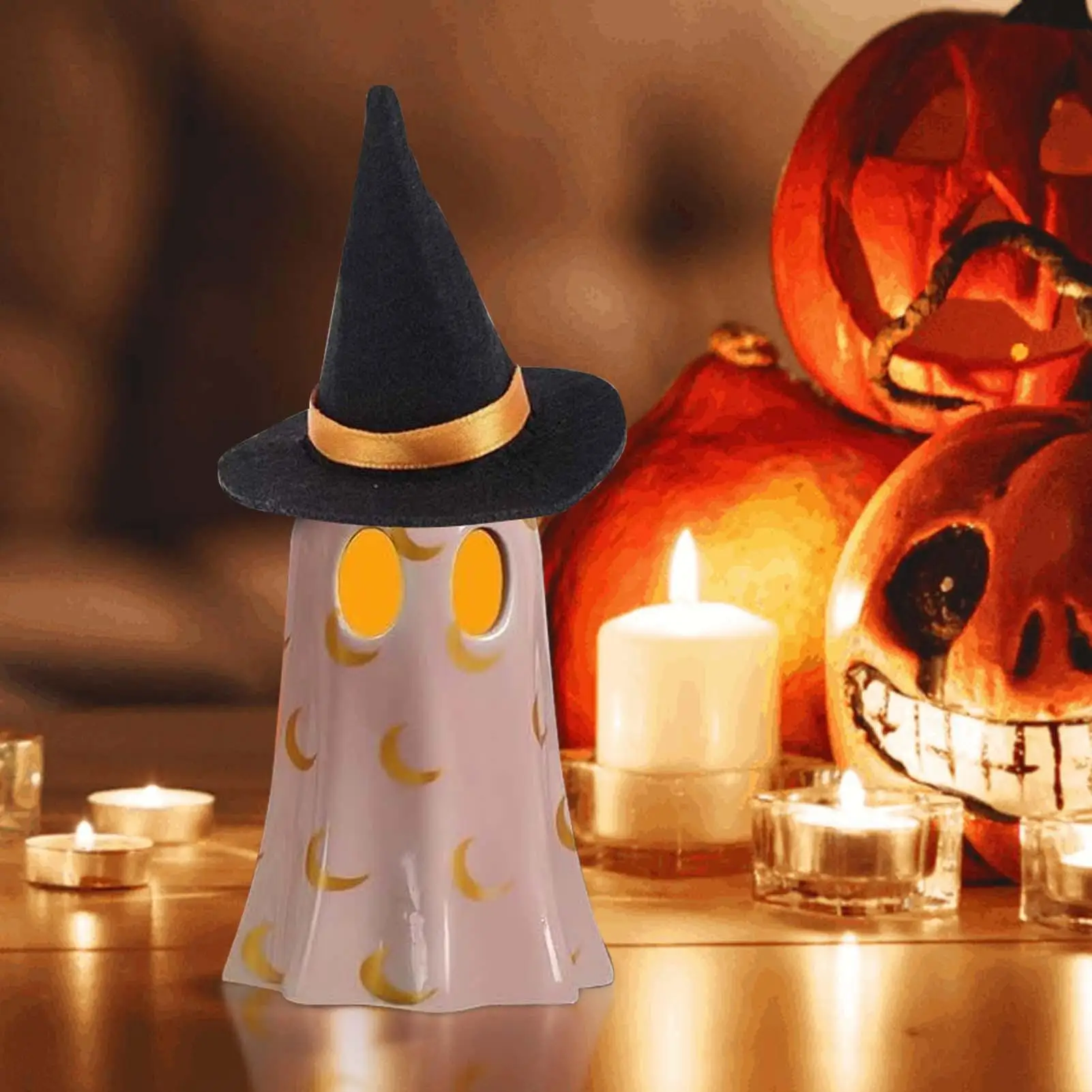 Halloween Ghost Figurine Decorative Halloween Desktop Sculpture Decorative Resin Light Up Ghost Wearing Witch Hat Sculpture For
