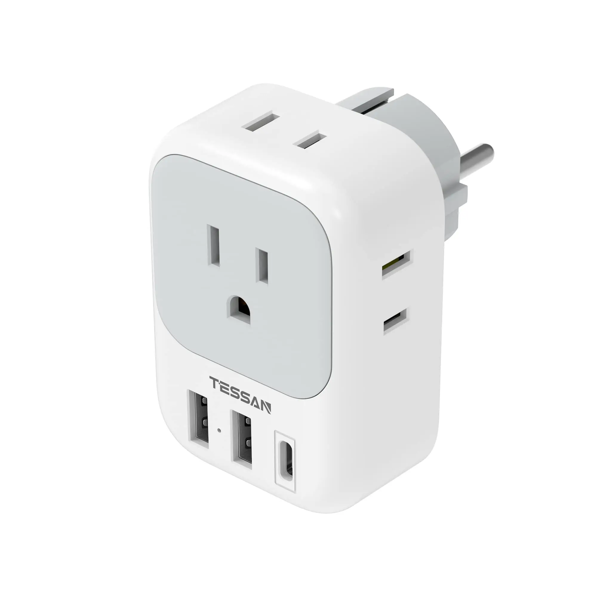 TESSAN US to EU Travel Adapter with 4 AC Outlets & 3 USB Ports(1 USB C), 7 in 1 Type E/F Plug Adaptor for Spain French Russia