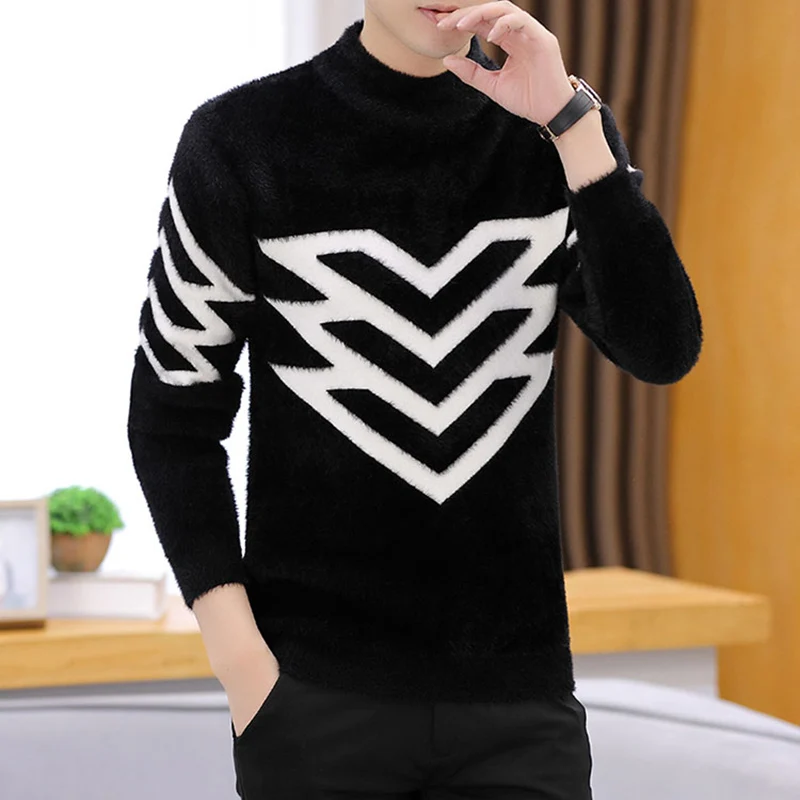 Korean Version Style Up Uppolo/Turtle Neck Sweater Loose Fit Versatile Winter Stretch Knitted Top Outer Wear Plush Top For Men 6