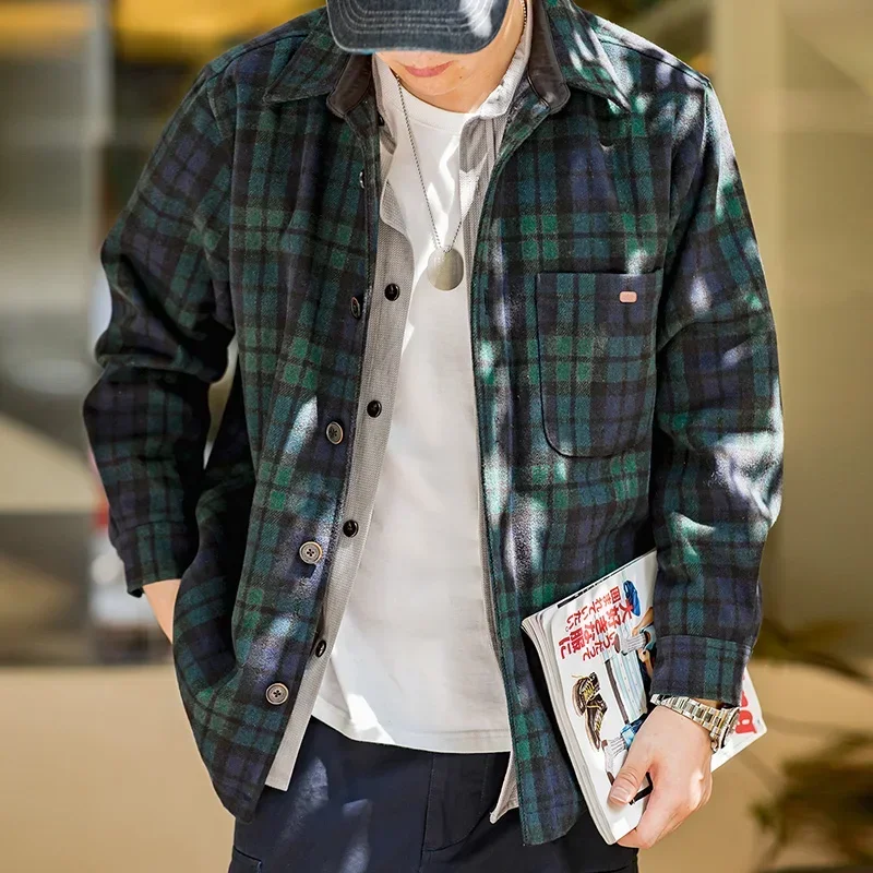 Maden Vintage Blue and Green Plaid Wool Jacket Loose Thickened Plaid Shirt Jacket Men's Casual Shirt Coat Male Warm Outwear 2