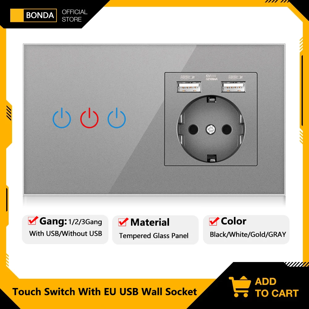 Touch Light Switch 220V with EU Power Wall USB Sockets Sensor Switches 1/2/3Gang 1 Way Crystal