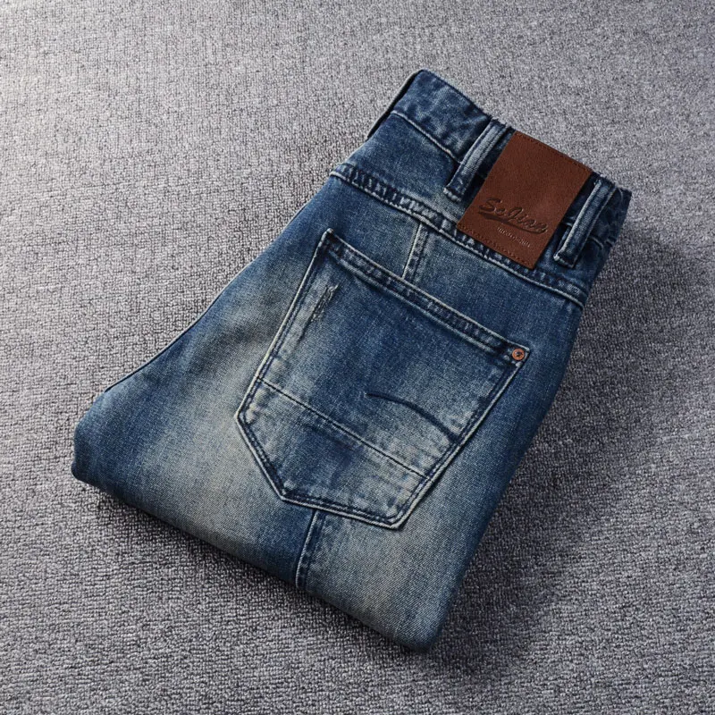 Streetwear Fashion Men Jeans Retro Dark Blue Stretch Slim Fit Spliced Biker Jeans Homme Patched Designer Hip Hop Denim Pants Men