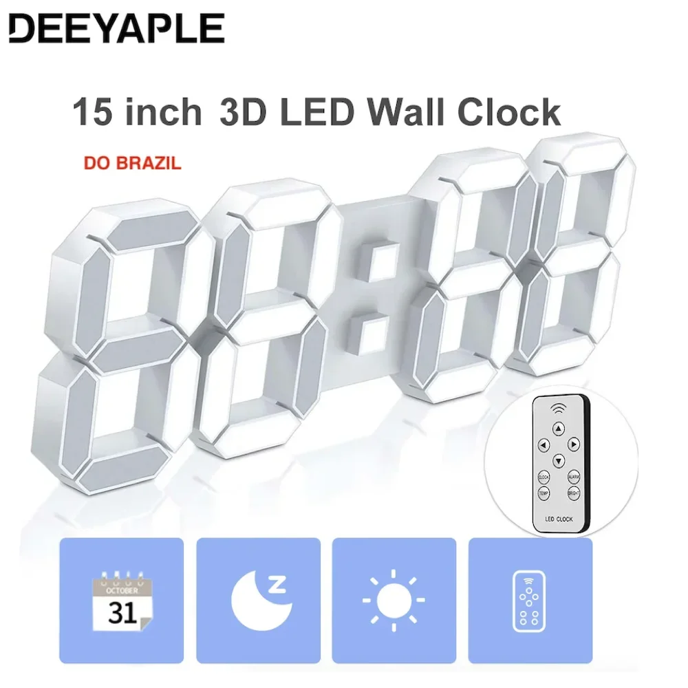 Deeyaple15inch3DLEDDigitalWallClockLargeAlarmClockRemote