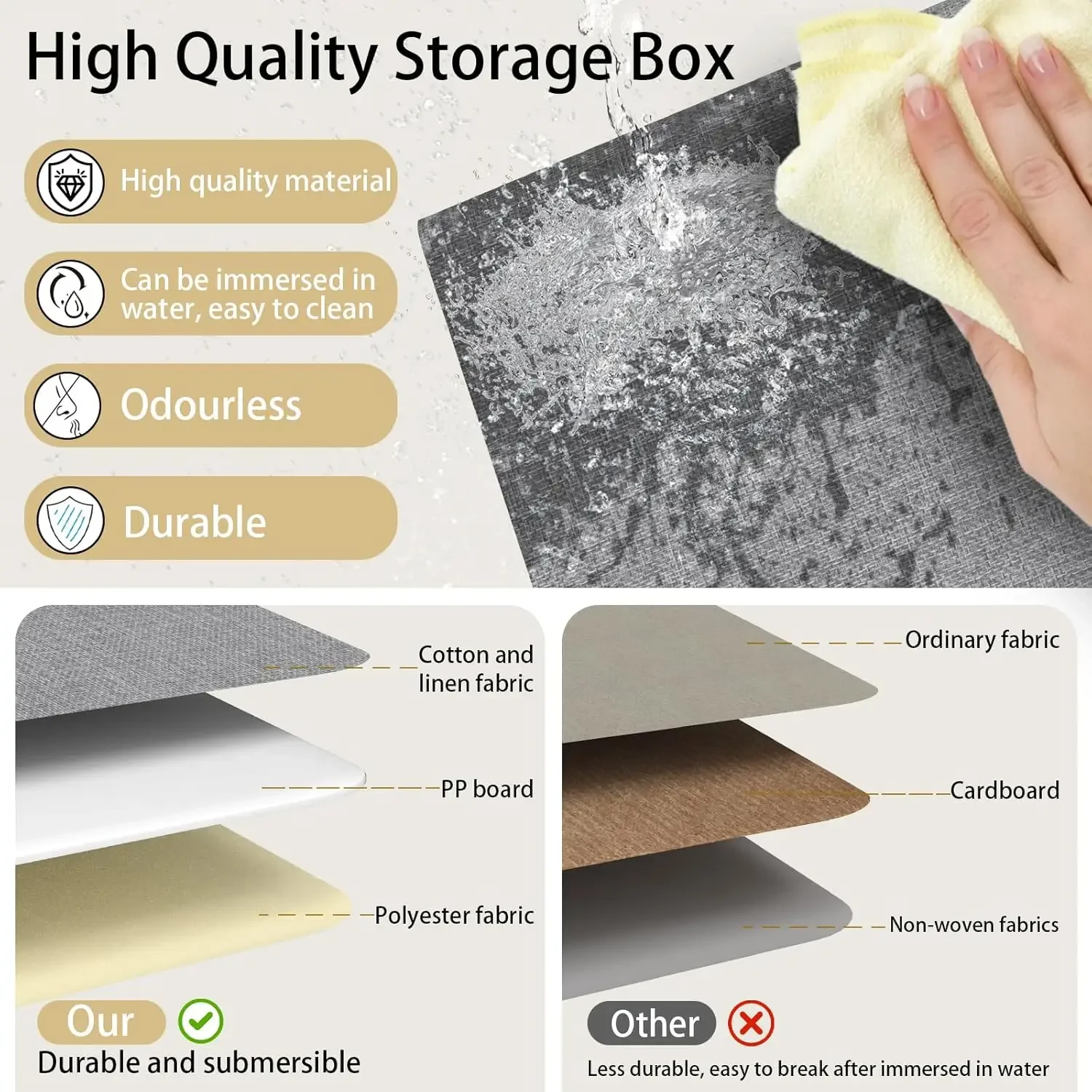 Storage Boxes with Lids, Linen Fabric Bin, Cube Organizer Basket, Washable and Leather Handle, for Home, Closet, White 5