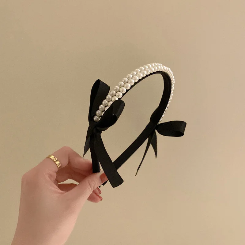 

French Temperament Hairband Hair Accessories Solid Color Hair Band Hair Hoop Black Pearl Bow Hair Band Elegant Headband
