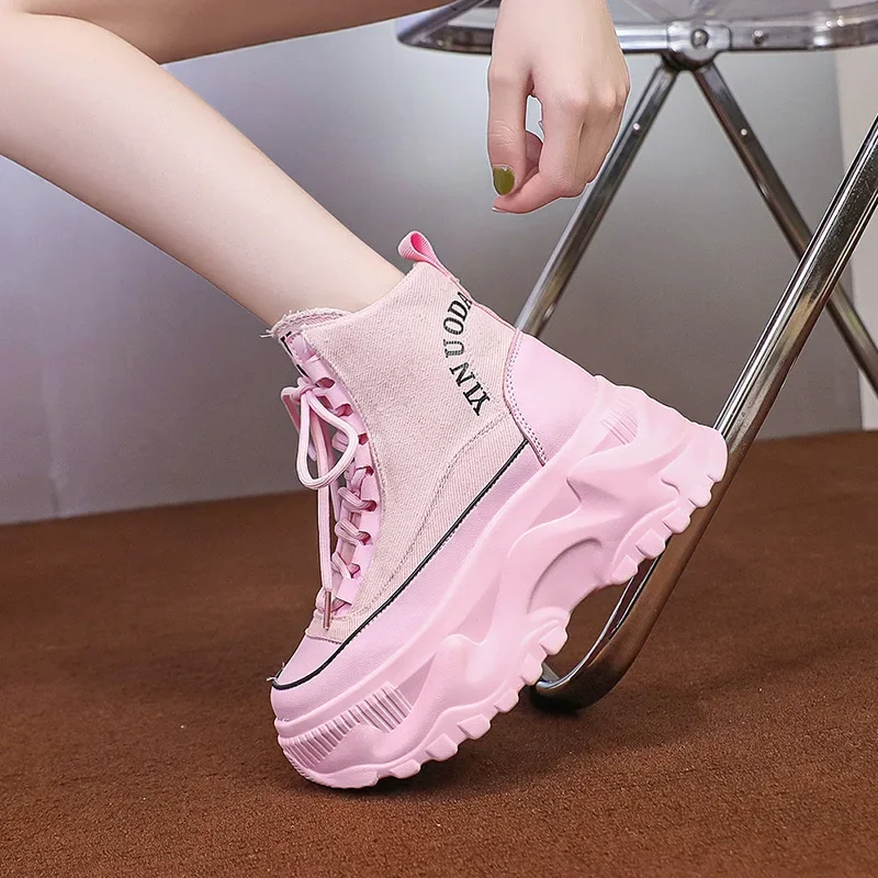

Fashion Chunky Platform Motorcycle Boots Women Autumn Winter Thick Bottom Ankle Botas Mujer White High Top Gothic Sneakers Shoes