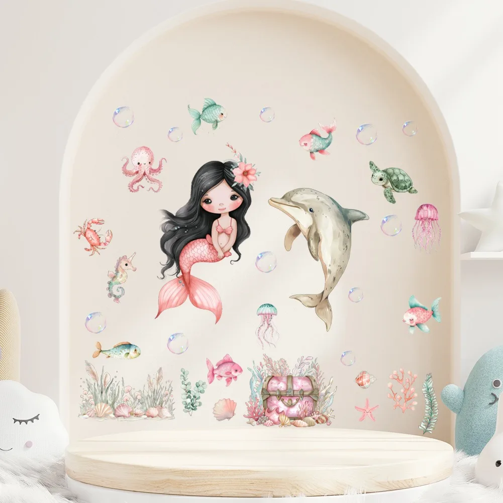 Cartoon Underwater World Mermaid Wall Stickers Fun Home Decor Living Room and Bedroom Decoration wall stickers wall sticker