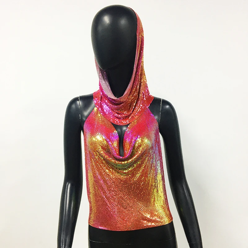 AKYZO Women's Metal Suspender Top Backless Halter Neck Sequins Tank Top Turban Nightclub Sexy Summer 2 Pcs Set 