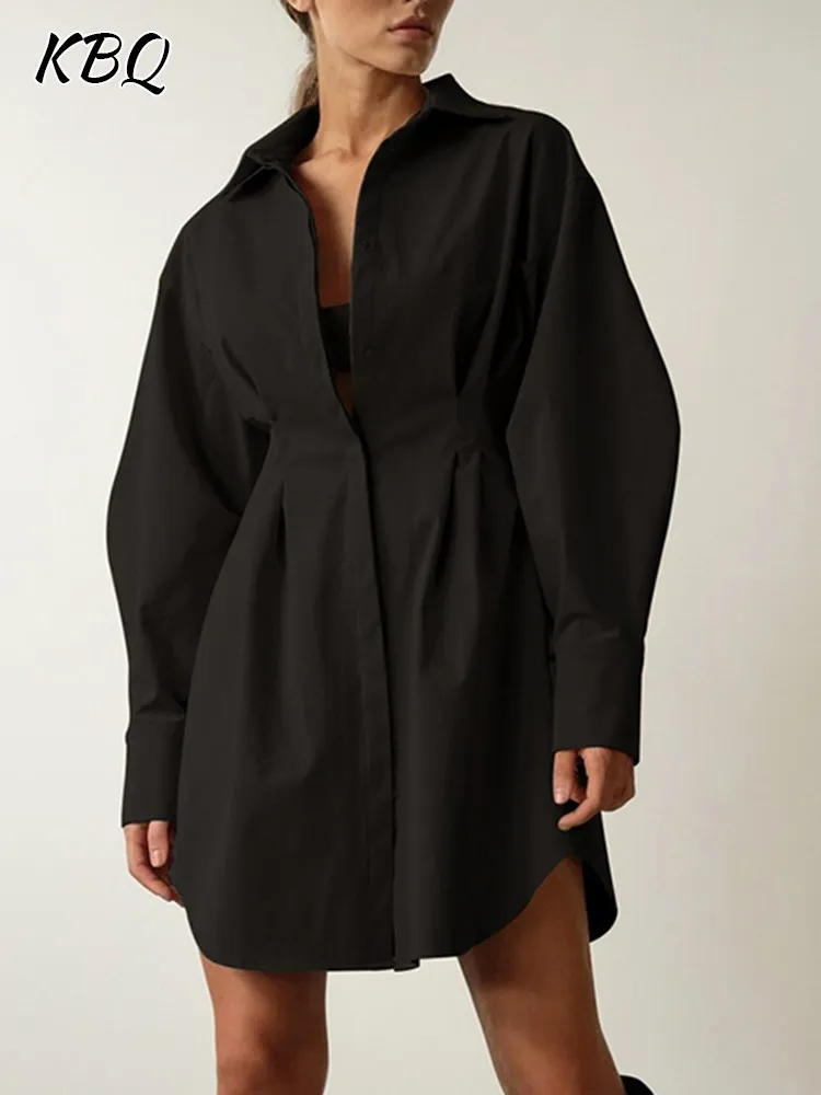 

KBQ Elegant Folds Solid Dress For Women Lapel Long Sleeve High Waist Patchwork Button Tunic Mini Dresses Female Fashion Clothing