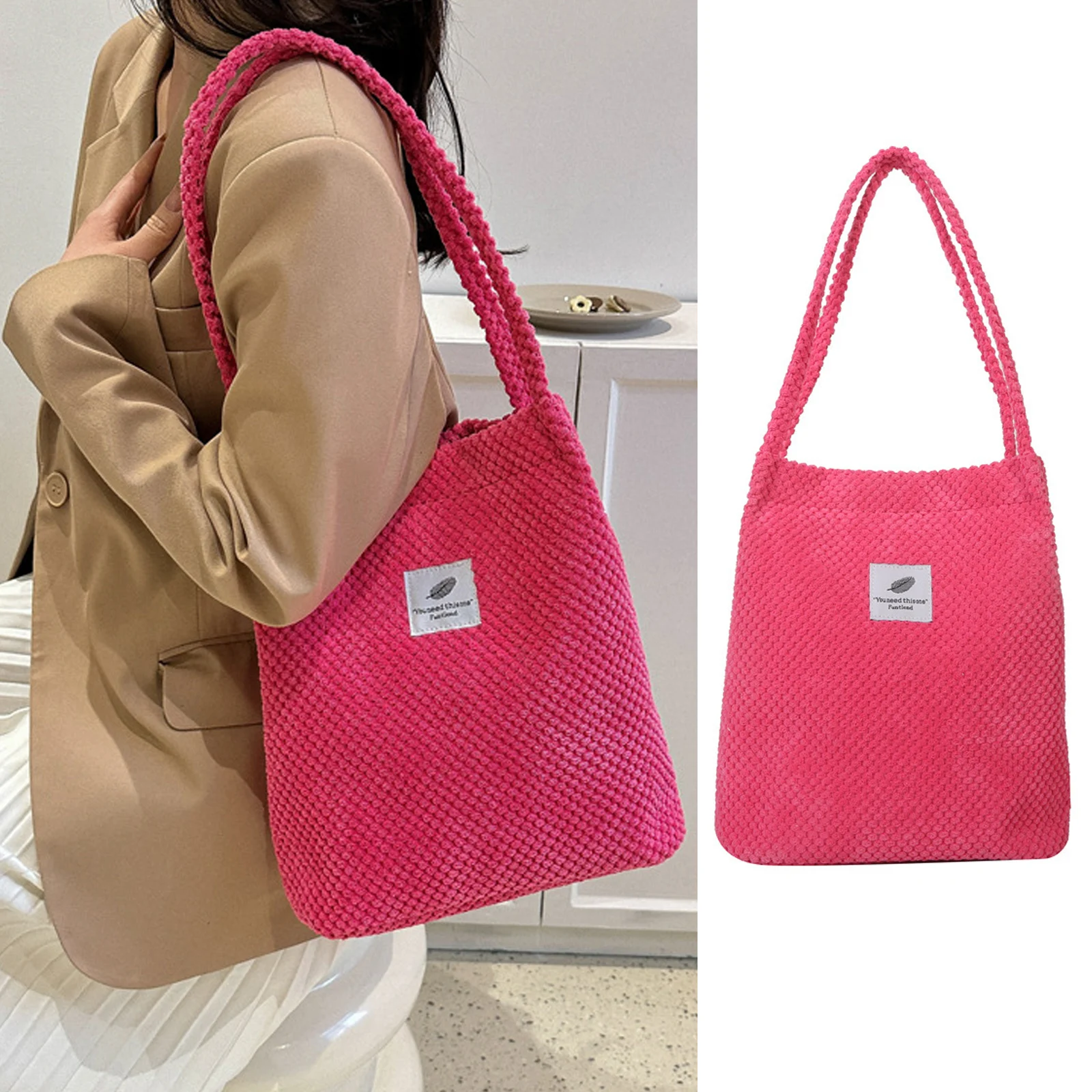 

New Korean Canvas Bucket Handbags Corduroy Fashion Casual Shoulder Bags Women Girls Sweet Solid Color Tote Bags Dropship