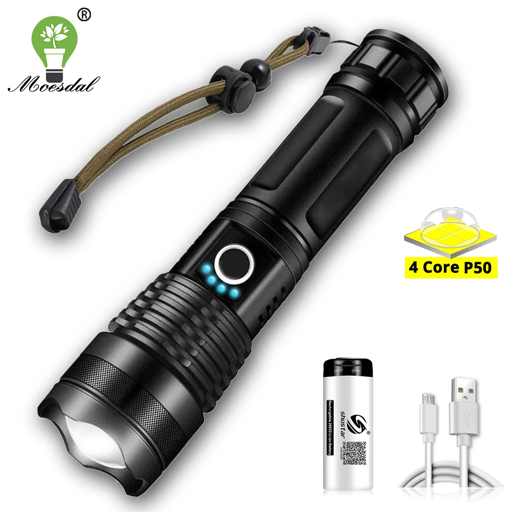 Super Bright 4 Core P50 LED Flashlight Waterproof Torch with Battery Display Zoomable Suitable for Adventure Camping Etc. | Лампы и