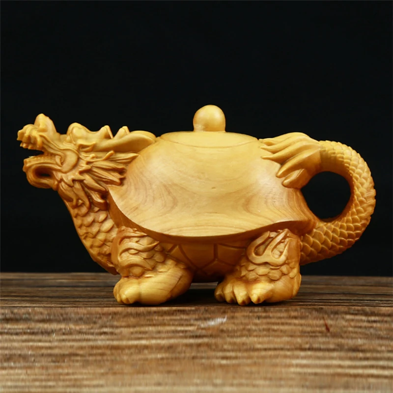 

8*4.5*4.5cm Handmade Carving Boxwood Exquisite Chinese Fengshui Turtle Dragon Hand Pieces Pocket Tea Pot Ornaments
