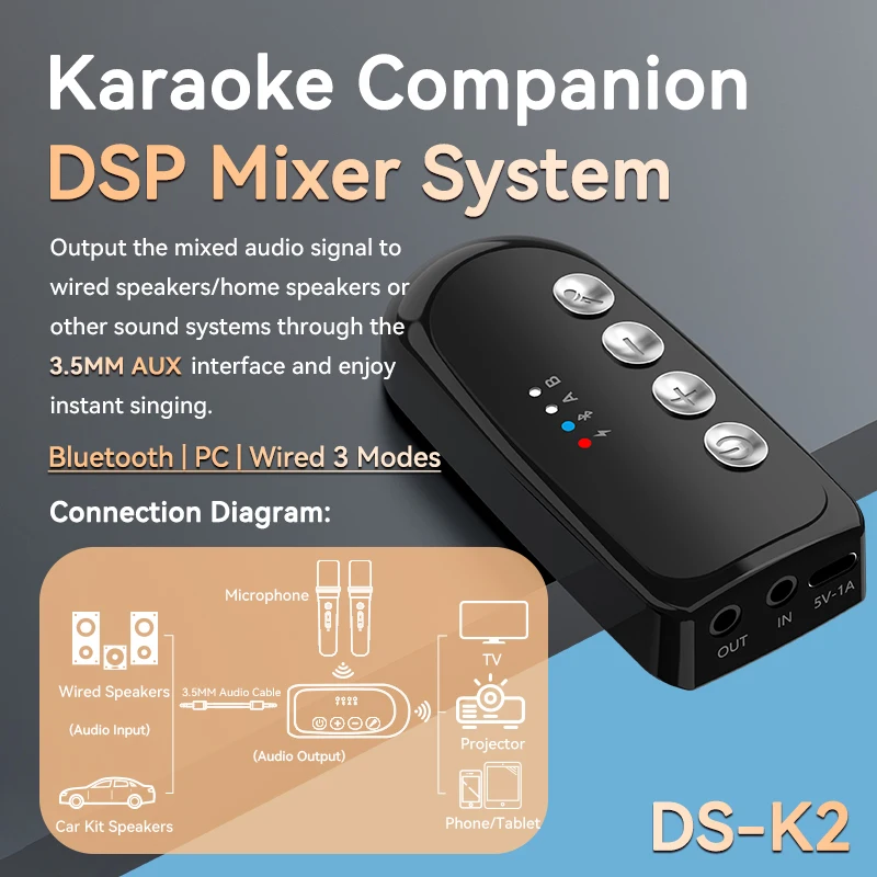 DS-K2 가라오케 동반자 블루투스 5.3 무선 이동 코일 마이크 RGB 다채로운 빛 KTV DSP 믹서 시스템 유선 스피커/자동차 키트용 3.5MM AUX 증폭기 호스트 HIFI 스테레오