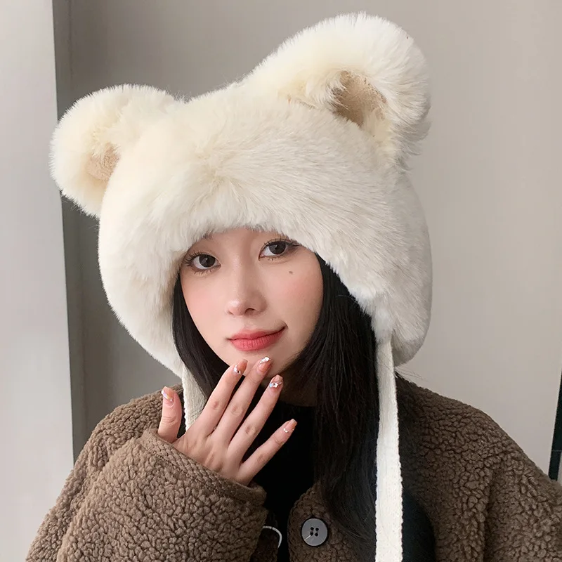 

Cartoon Cute Fox Plush Hat Small Fresh, Sweet, Warm Ear Protection Hair Ball Hat Autumn and Winter Face Showing Small Knitted