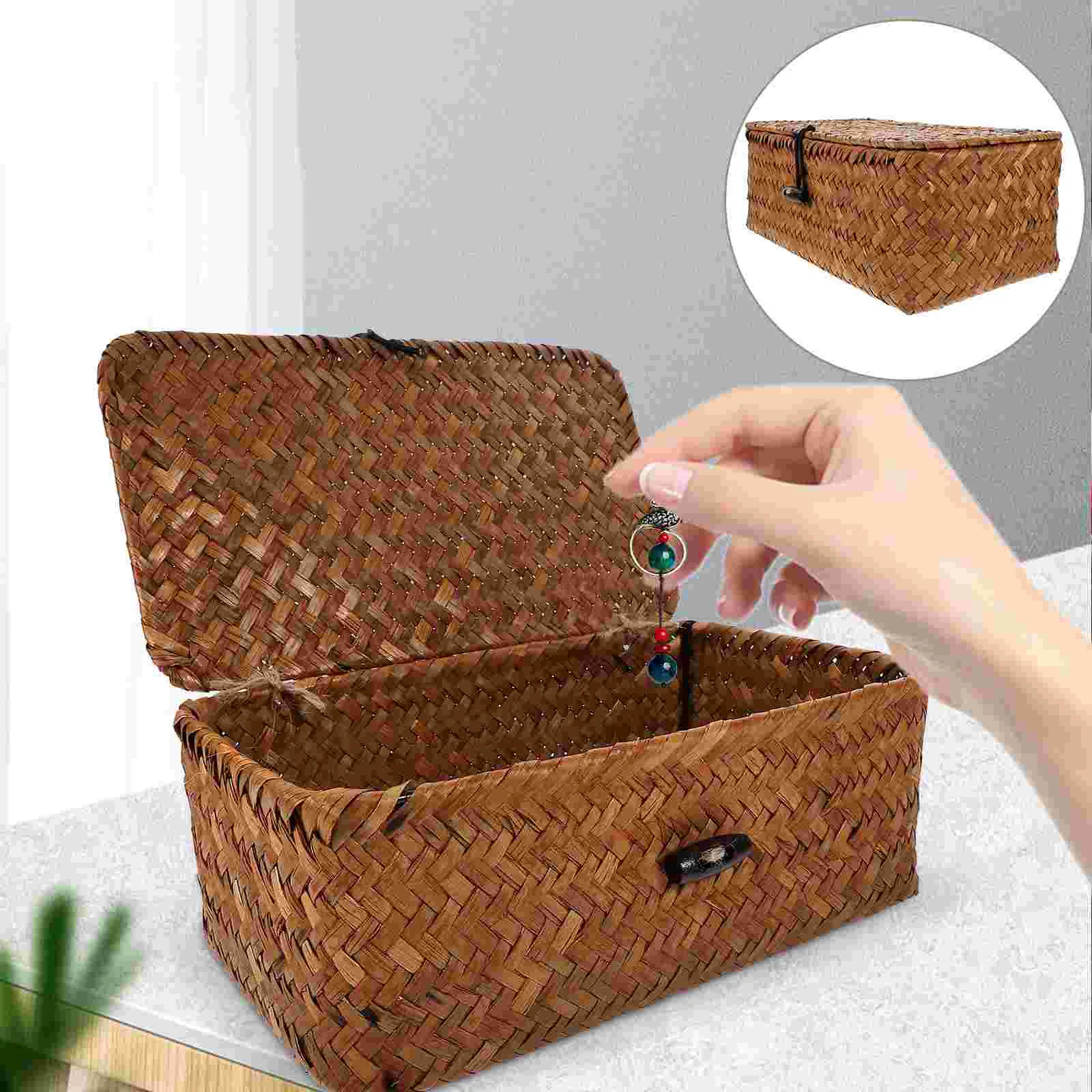 

Wicker Shelf Baskets Bin Lid Handwoven Seagrass Basket Storage Bins Rectangular Organizer Boxes Household Basket Boxes Wardrobe
