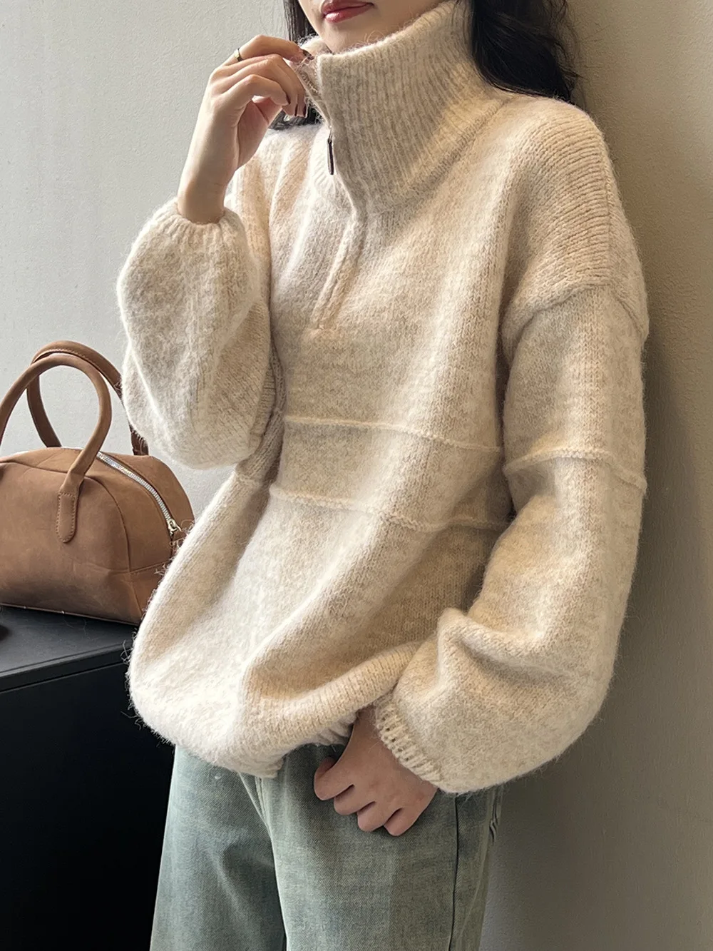 

Korean Soft Smooth Half-zip High-neck Sweater for Women Spring Winter 2024 Loose Lazy Pullover Long Sleeve Top Fashion Jumpers