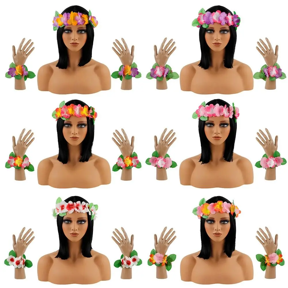 6PCS Summer Hawaiian Head Ring Tropical Beach Colorful Artificial Wreath Flowers Necklace Bracelet for Party Supplies