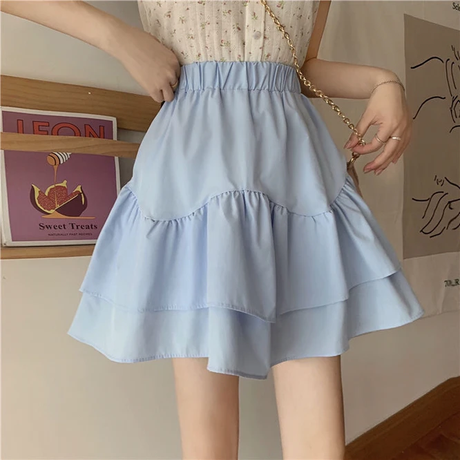 

Spring Summer Design Feeling Ruffle Edge Fluffy High Waist Women's Skirt Girl Student A-shaped Short Skirt College Style Blue