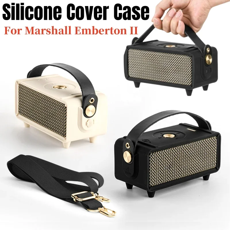 Silicone Cover Case with Handle Strap and Shoulder Strap Speaker Cover Shockproof Anti-Scratch for Marshall Emberton II Speaker