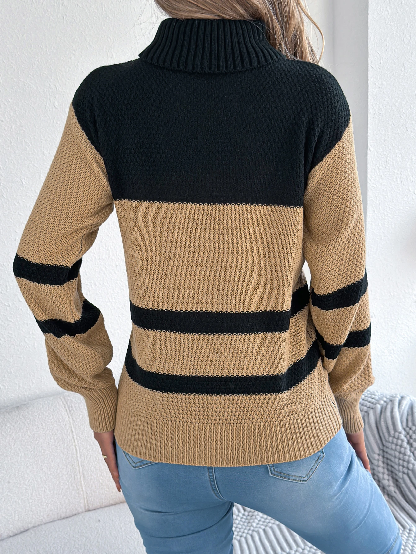 Women Striped Turtleneck Sweater Lantern Long Sleeve Knit