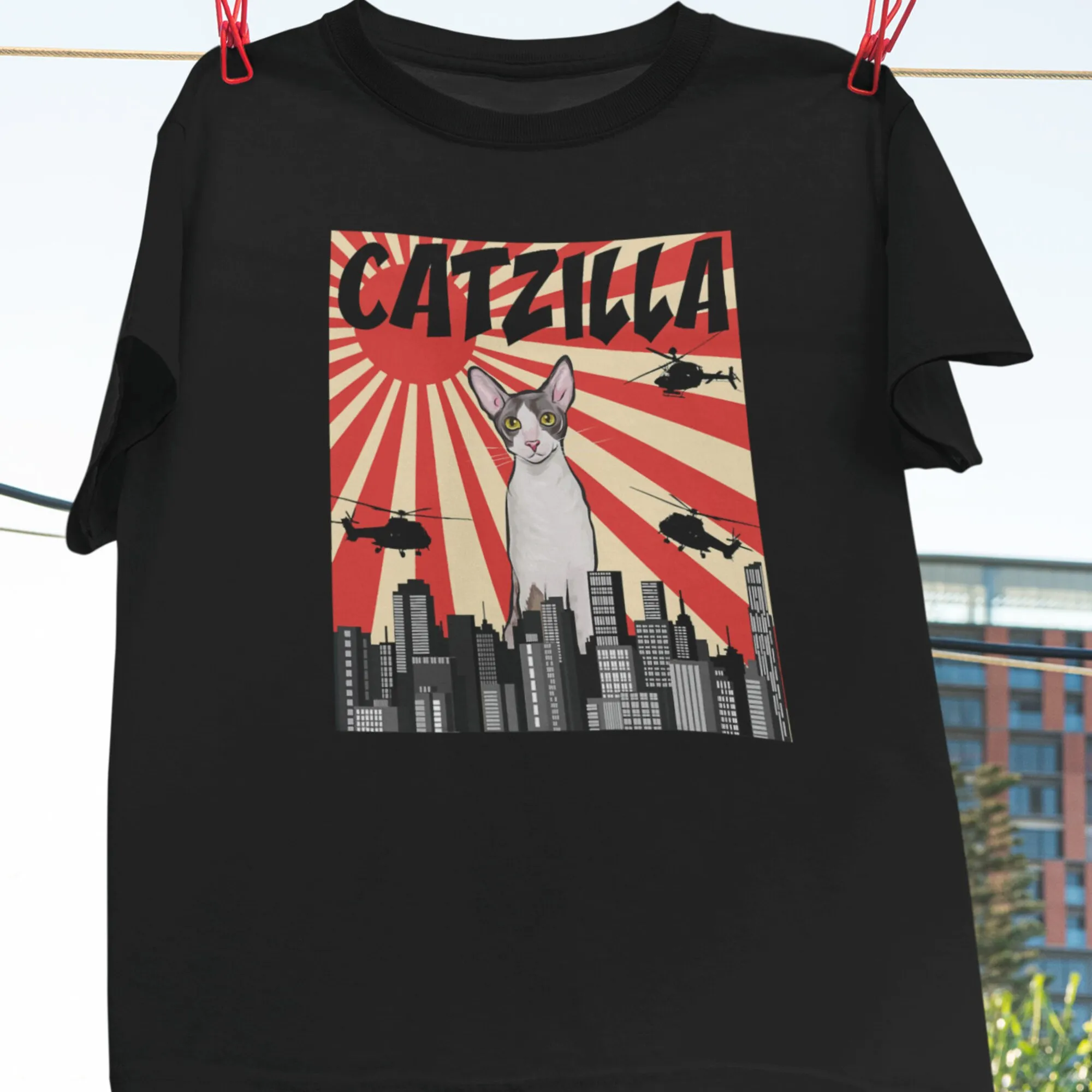 Divertente Retrò Giapponese Catzilla Cornish Rex Cat Vintage T Shirt Lover