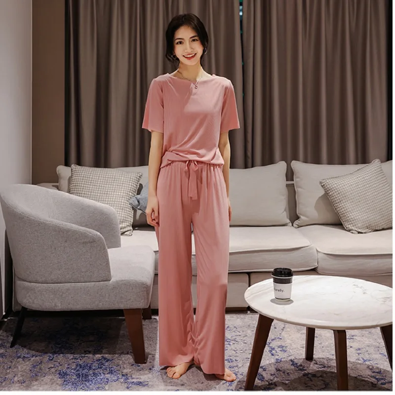 Women 2Pcs Short Sleeve T-shirt Top and Pants Set 2021 Summer Casual Loose Homewear Sleep Pajamas Set Sports Yoga Two Piece Set