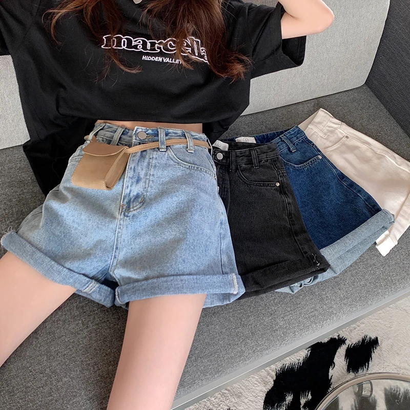 High Waist Rolled Denim Shorts Y2K Streetwear Casual Loose Casual Korean Chic Summer Beach Jeans Shorts Female White Black Blue