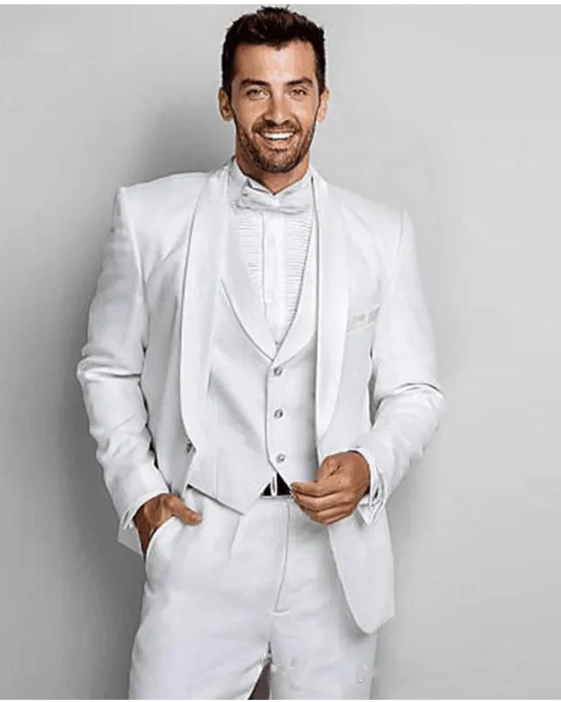 

White Groom Wedding Suits Full Set Slim Fit Shawl Lapel Men's Tuxedos Blazer Vest Pants 3Pcs High-end Male Suits Costume Homme