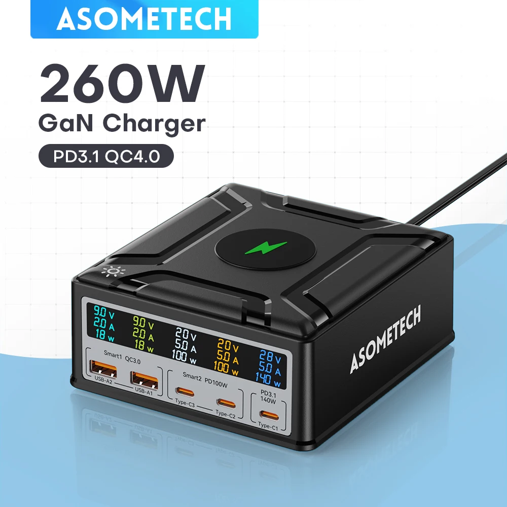 

260W GaN Charger USB C Fast Charger PD3.1 140W Wireless Quick Charge QC3.0 for IPhone 14 13 Pro Macbook Samsung Xiaomi Laptop