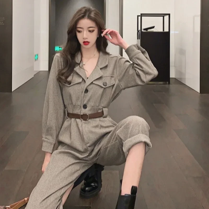 Korean Women's 2021 Fall and Winter New Fashion Lapel Suit Jumpsuit with Belt Straight Trousers Jumpsuit Female Khaki Jumpsuit